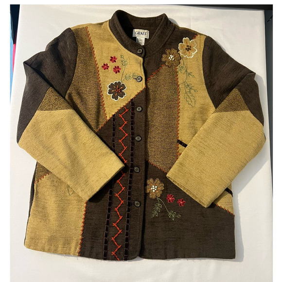 Women's Vintage GRAFF Cardigan Sweater Brown Tan Patchwork Embroidered Size L - Picture 3 of 10